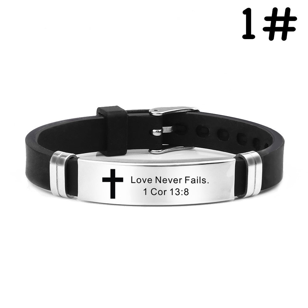 Christian Bible cross Scripture Bracelet Stainless Steel love never fails silica gel watch band hand браслеты bracelet for women