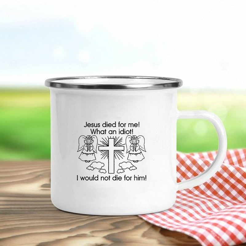 Jesus Is God Print Enamel Mugs Christian Creative Coffee Cups Drink Dessert Breakfast Milk Cup Vintage Mug Handle Drinkware Gift