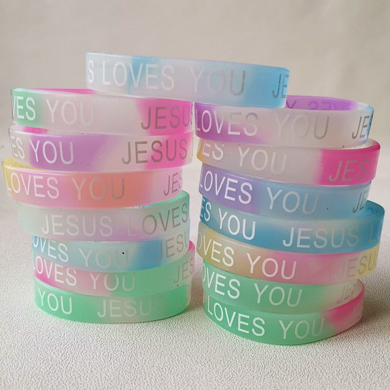 20PCS Lots Jesus Silicone Bracelets Devout Christian Church Prayer Rubber Band Night Glow Mix Color Hand Wristband Brand Jewelri