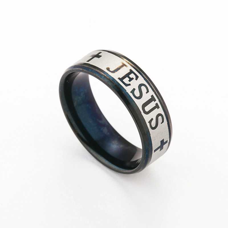 Stainless Steel Black Color Jesus Cross Ring Letter Bible Prayer Finger Rings For Men 8mm Amulet Jewelry