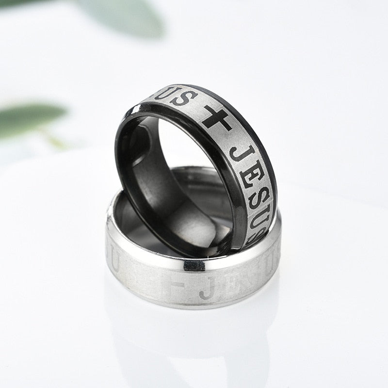 Stainless Steel Black Color Jesus Cross Ring Letter Bible Prayer Finger Rings For Men 8mm Amulet Jewelry