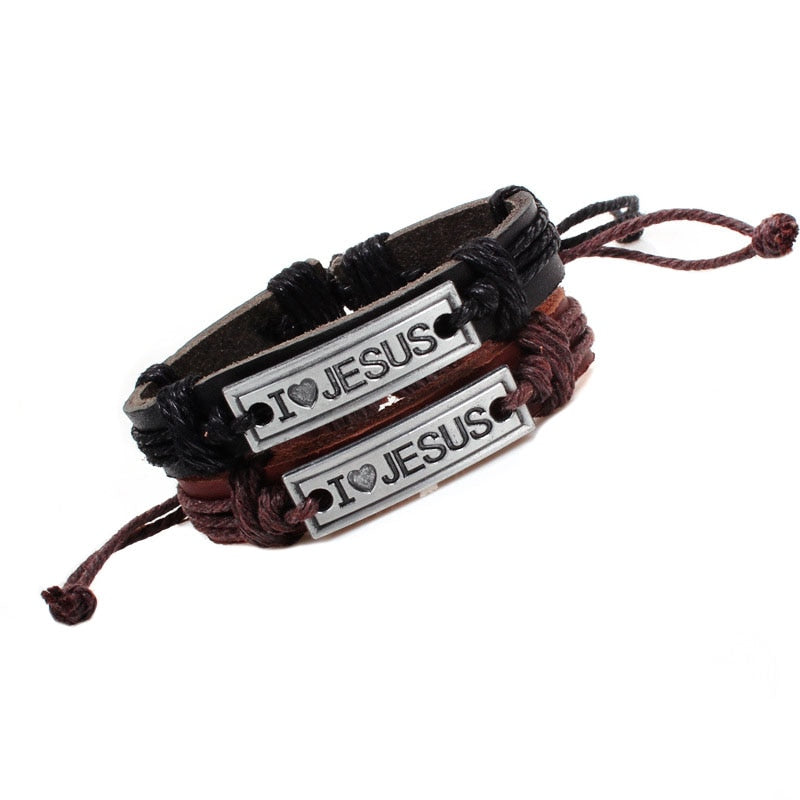 Brown Black Vintage Leather Bracelet Religious Faith Bangle "I LOVE JESUS" Christian Jewelry for Women Man Cuff Gift Wholesale