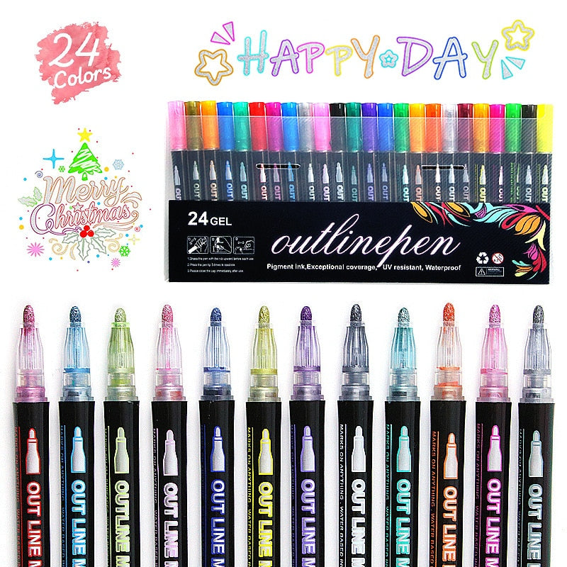 12/24 Color Double Line Outline Pen Markers Outline Marker Pen Highlighter Drawing Scrapbooking Graffiti Greeting Card Art Paint