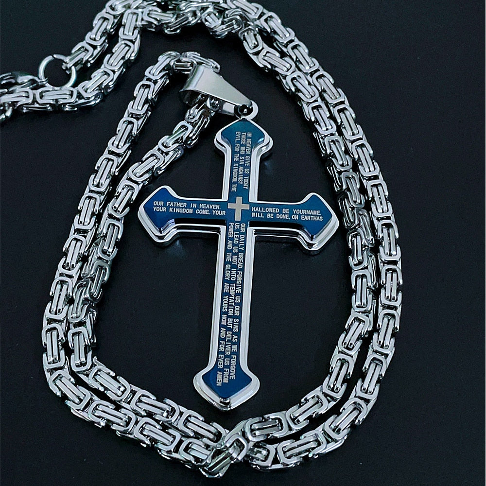 Vintage Christian Bible Text Stainless Steel Cross Pendant Necklace Punk Fashion Biker Amulet Men&#39;s Chain Necklace Jewelry Gift