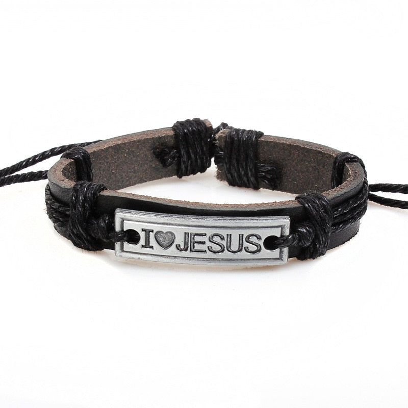 Brown Black Vintage Leather Bracelet Religious Faith Bangle "I LOVE JESUS" Christian Jewelry for Women Man Cuff Gift Wholesale