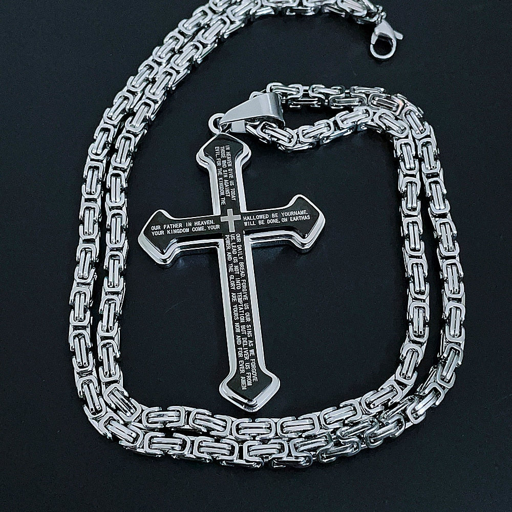 Vintage Christian Bible Text Stainless Steel Cross Pendant Necklace Punk Fashion Biker Amulet Men&#39;s Chain Necklace Jewelry Gift