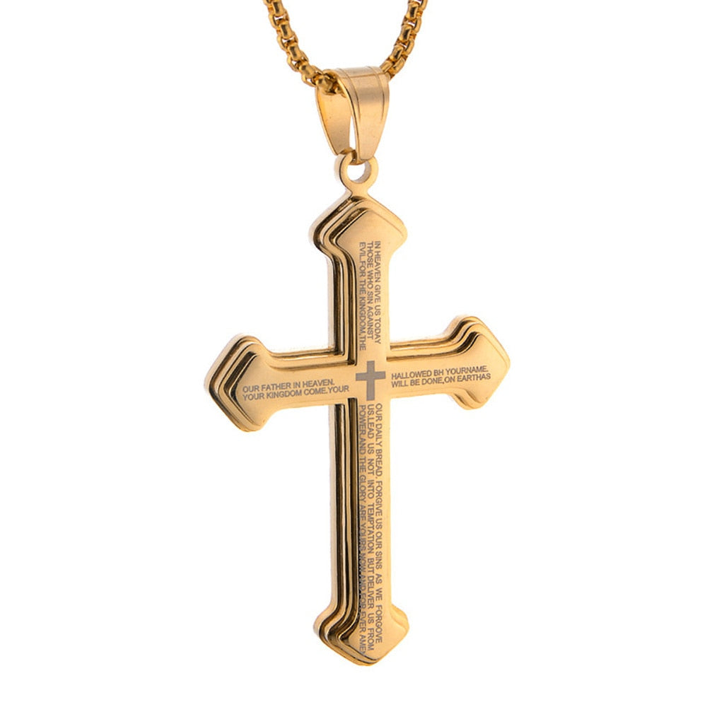 Vintage Christian Bible Text Stainless Steel Cross Pendant Necklace Punk Fashion Biker Amulet Men&#39;s Chain Necklace Jewelry Gift