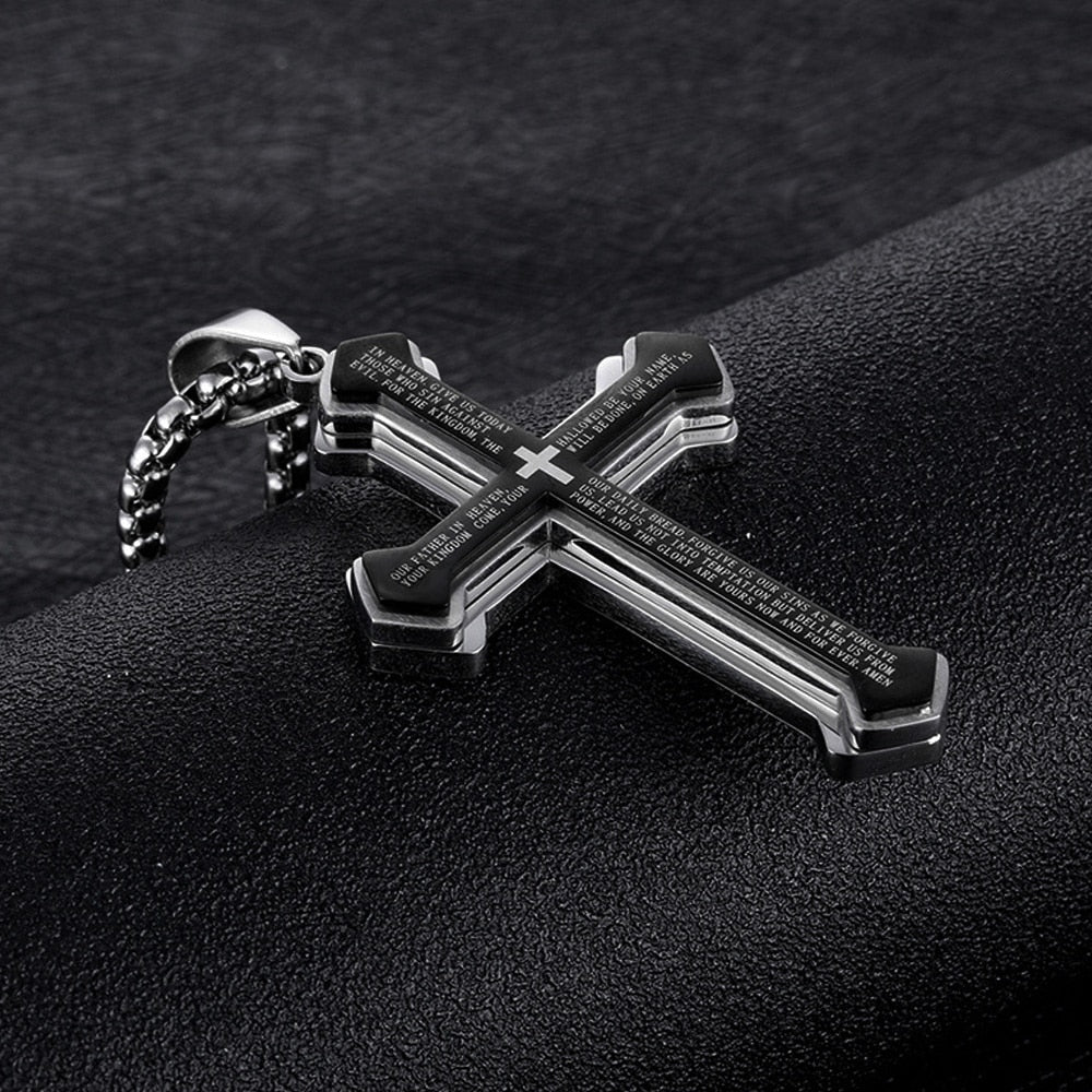 Vintage Christian Bible Text Stainless Steel Cross Pendant Necklace Punk Fashion Biker Amulet Men&#39;s Chain Necklace Jewelry Gift