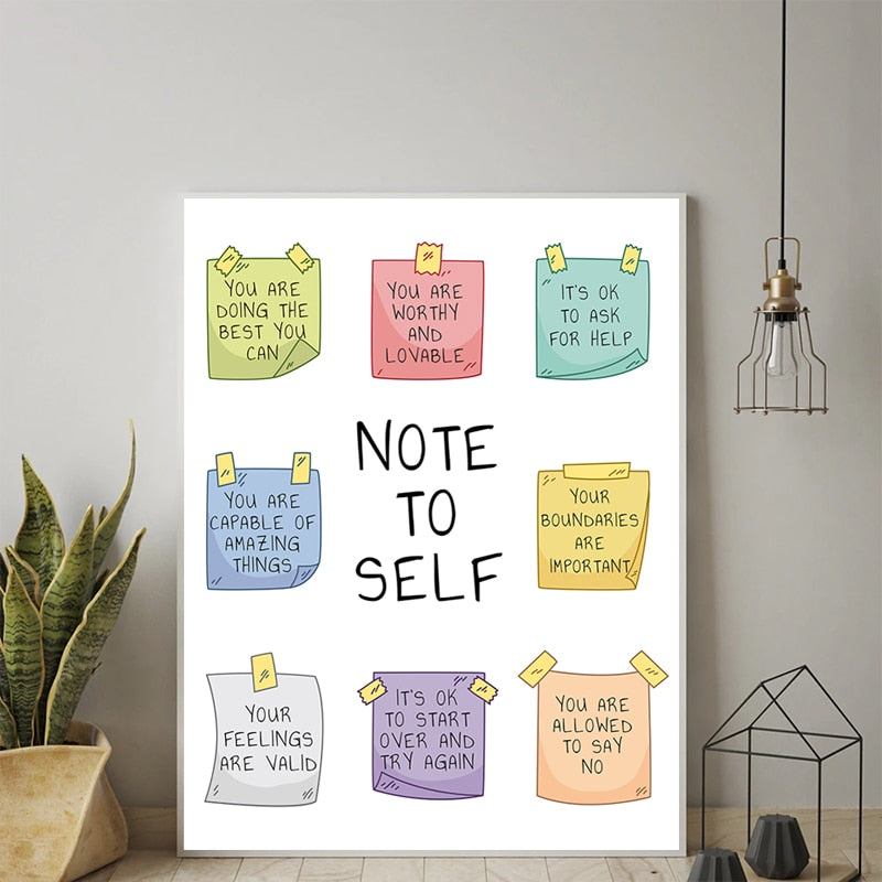 Canvas Painting Note To Self Mental Health Inspiring Quote Nordic Wall Art Pictures Poster Print for Living Room Home Decoration
