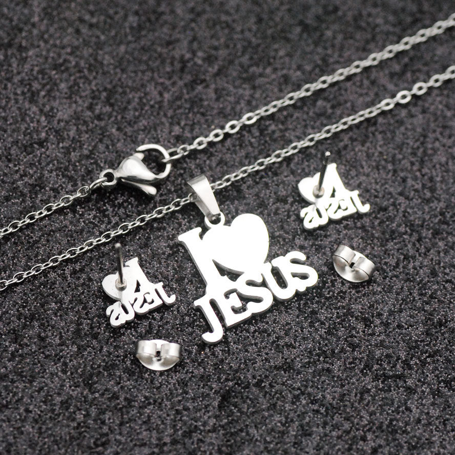 Fashion Stainless Steel Jesus Cross Men Charm Heart Letter Pendant Necklace Jewelry Set Chain Christian Symbol Jewelry Gifts