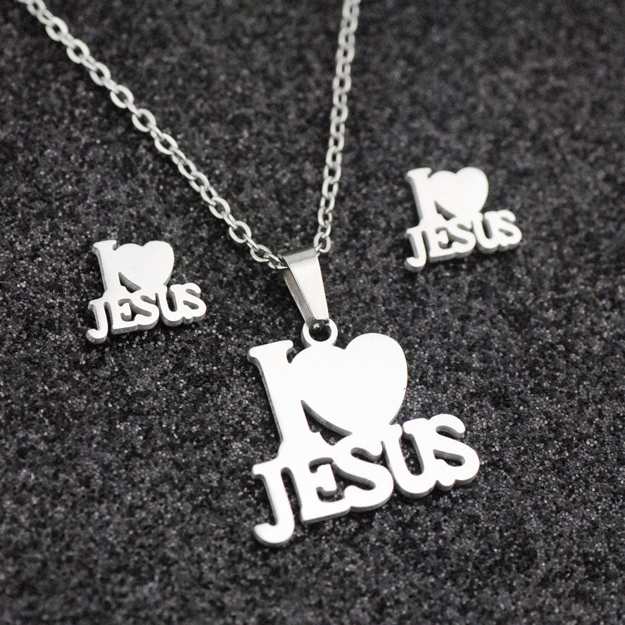 Fashion Stainless Steel Jesus Cross Men Charm Heart Letter Pendant Necklace Jewelry Set Chain Christian Symbol Jewelry Gifts