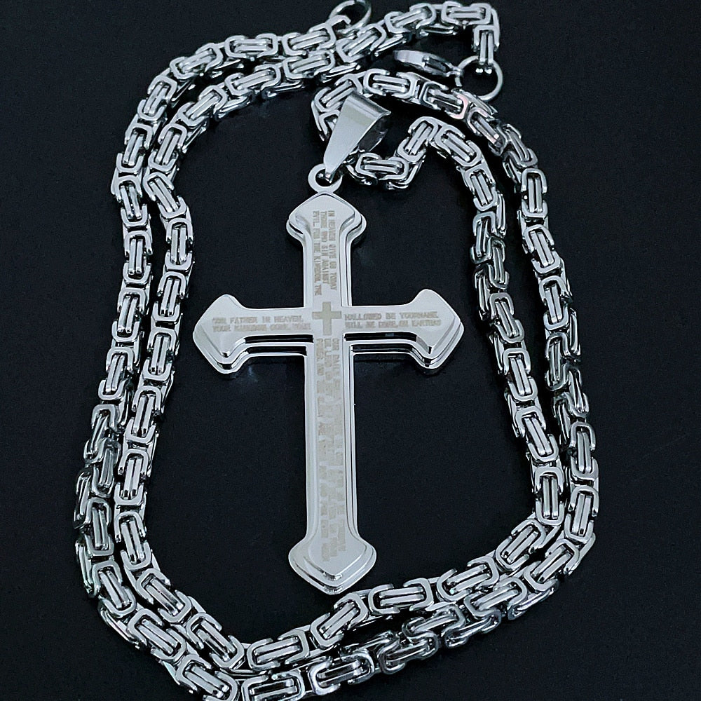 Vintage Christian Bible Text Stainless Steel Cross Pendant Necklace Punk Fashion Biker Amulet Men&#39;s Chain Necklace Jewelry Gift