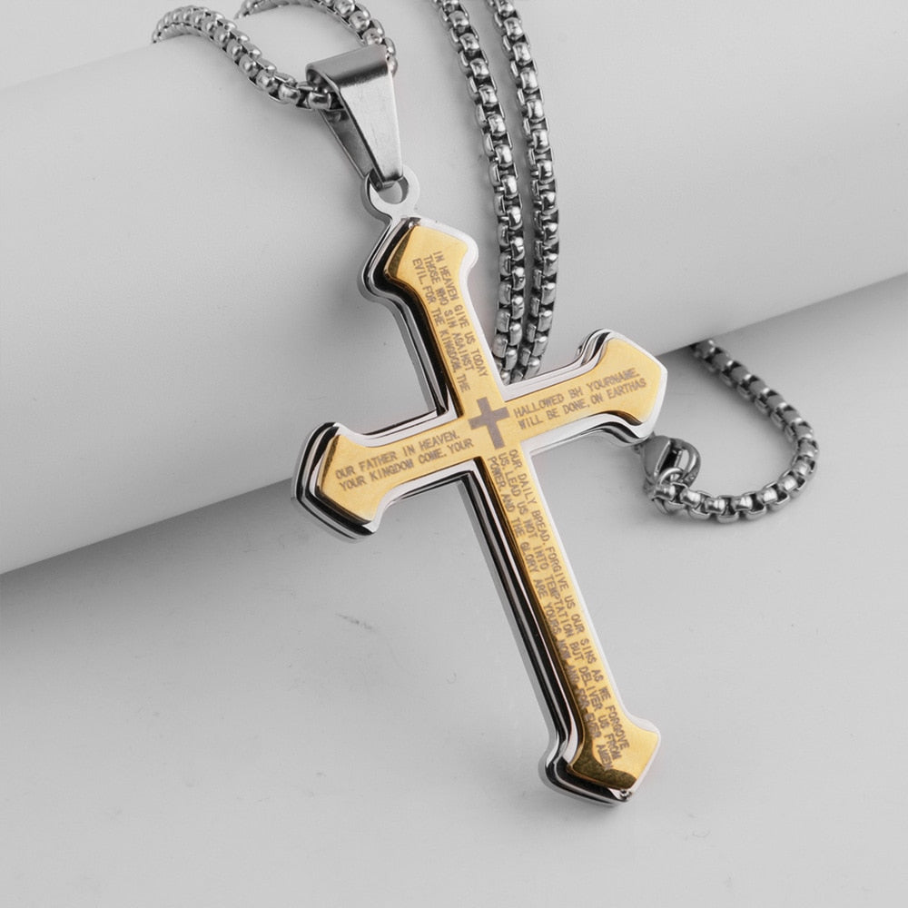 Vintage Christian Bible Text Stainless Steel Cross Pendant Necklace Punk Fashion Biker Amulet Men&#39;s Chain Necklace Jewelry Gift