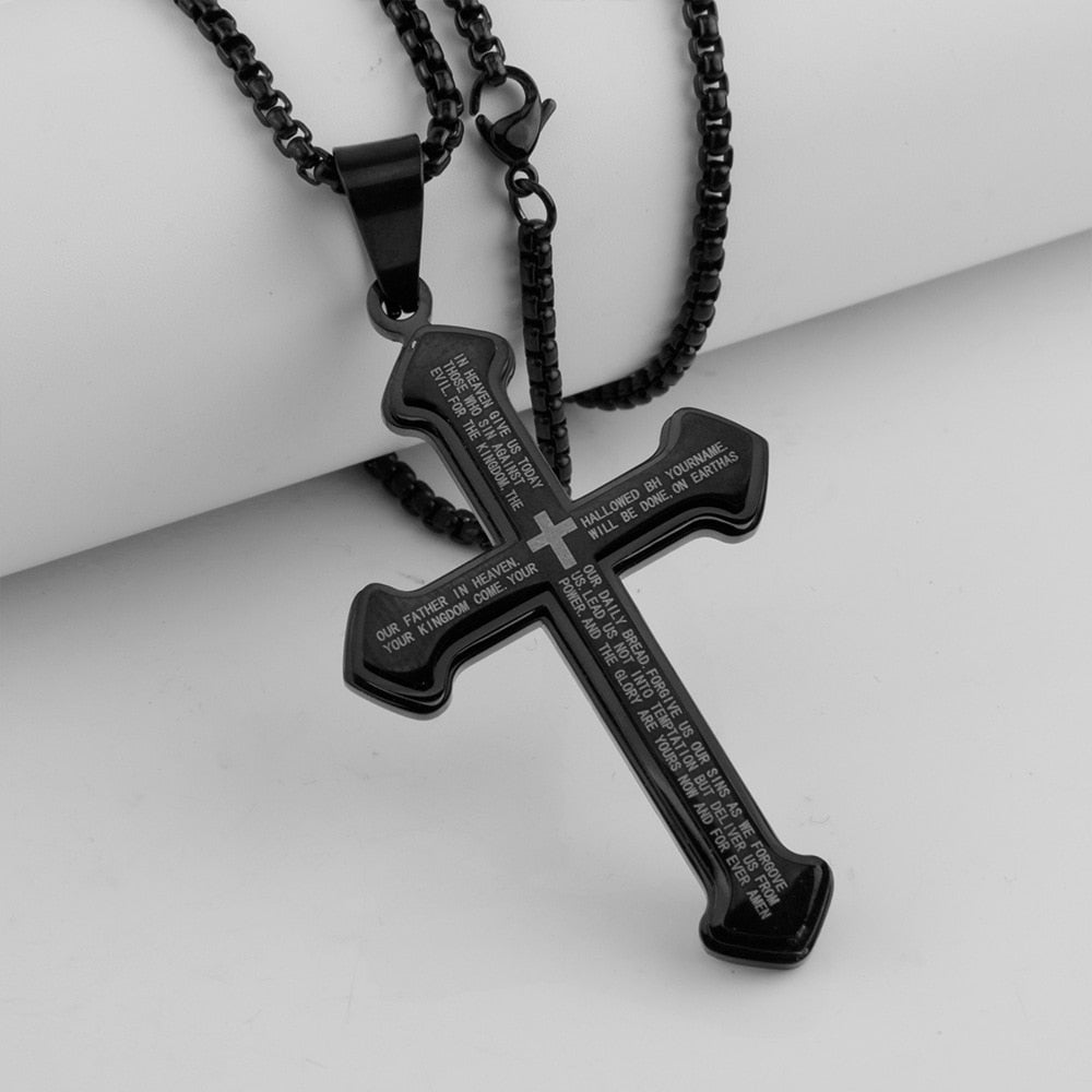 Vintage Christian Bible Text Stainless Steel Cross Pendant Necklace Punk Fashion Biker Amulet Men&#39;s Chain Necklace Jewelry Gift