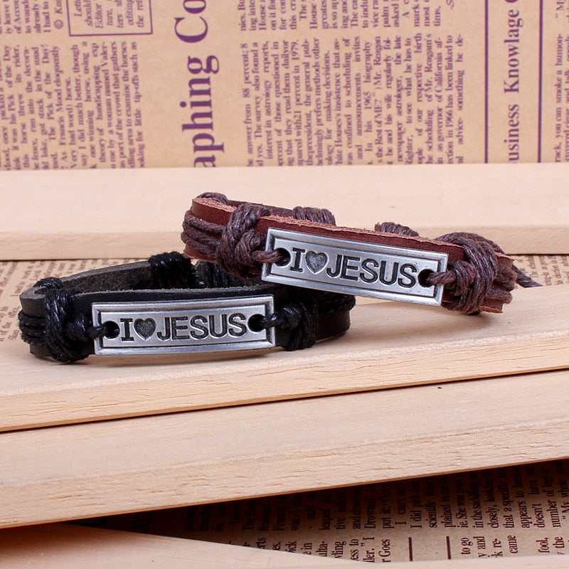 Brown Black Vintage Leather Bracelet Religious Faith Bangle "I LOVE JESUS" Christian Jewelry for Women Man Cuff Gift Wholesale