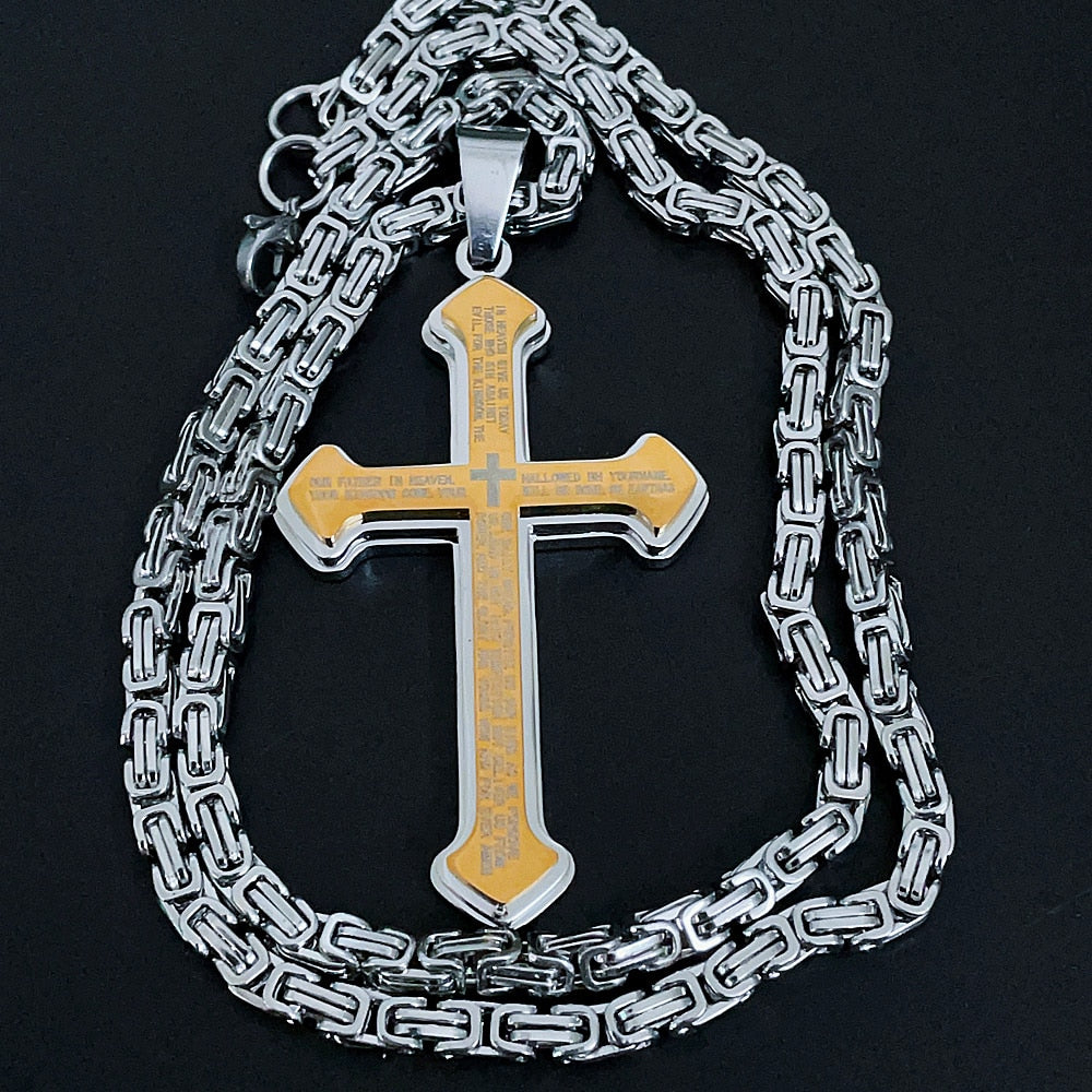 Vintage Christian Bible Text Stainless Steel Cross Pendant Necklace Punk Fashion Biker Amulet Men&#39;s Chain Necklace Jewelry Gift