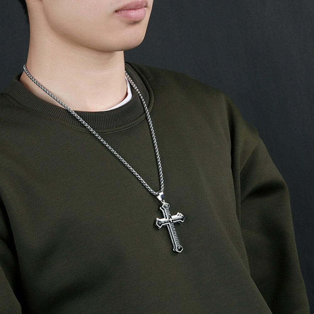 Vintage Christian Bible Text Stainless Steel Cross Pendant Necklace Punk Fashion Biker Amulet Men&#39;s Chain Necklace Jewelry Gift