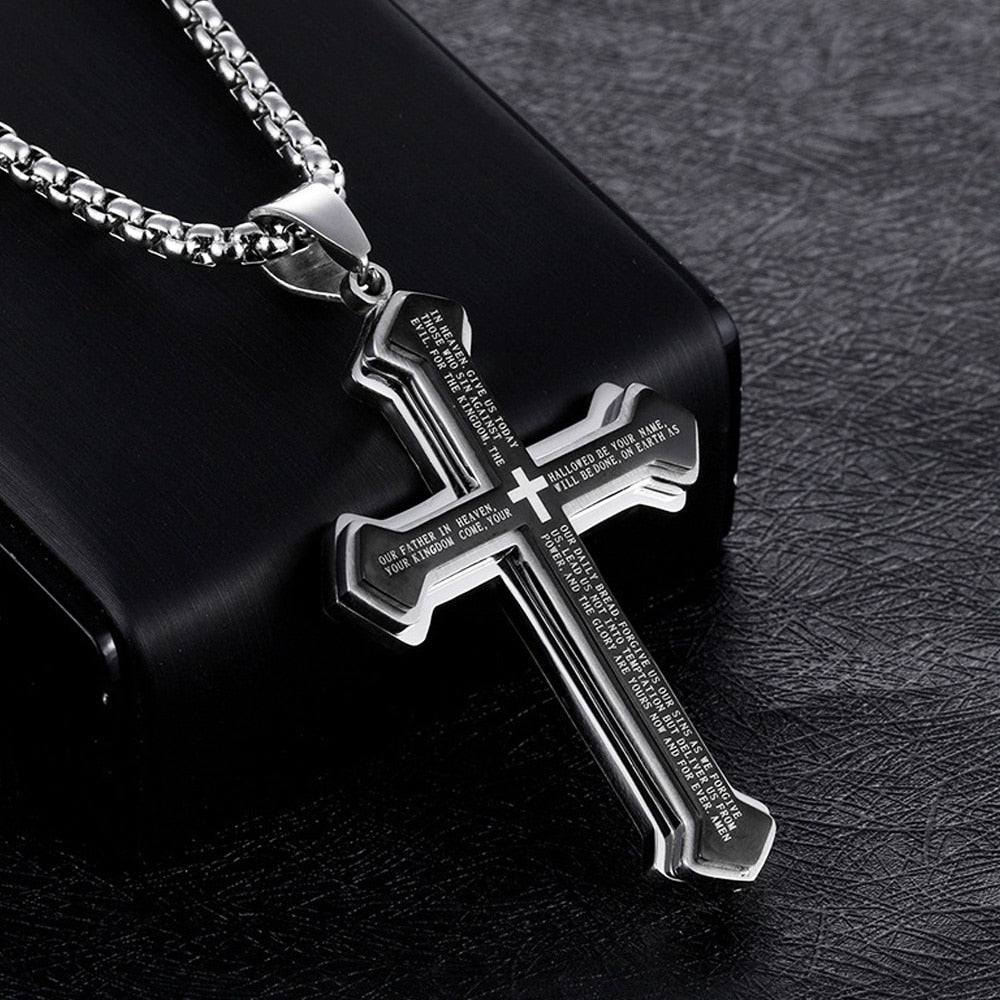 Vintage Christian Bible Text Stainless Steel Cross Pendant Necklace Punk Fashion Biker Amulet Men&#39;s Chain Necklace Jewelry Gift